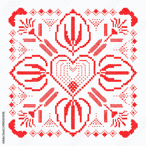 Red heart floral pattern traditional cross stitch embroidery vector design