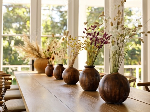 Arrangements of Dry Flowers in Vases on a Wooden Table by the Window