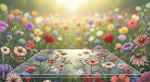 A clear platform displays colorful wildflowers against a blurred meadow backdrop