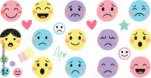 Hand Drawn Cute Emoji Face Icon Set with Happy, Sad, Surprised, and Angry Emotions in Pastel Crayon Scribble Style for Children Education and Mental Health