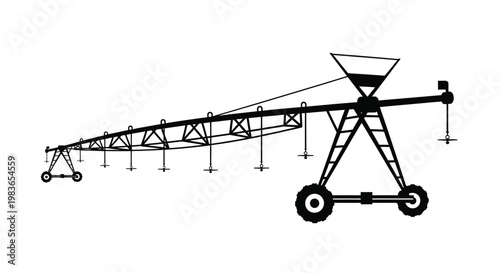 A detailed black and white illustration presents a center pivot irrigation system showcasing its mechanical structure as a silhouette high quality professional modern elegant