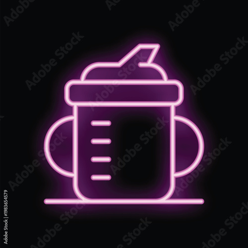 Neon sign of a baby sippy cup glowing brightly on a black background