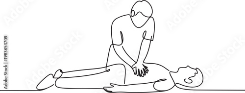 First emergency CPR on a person with a heart attack. CPR cardiac resuscitation of medical personnel. one line Icon drawing