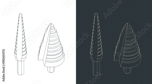 Step drill bits set isometric blueprints