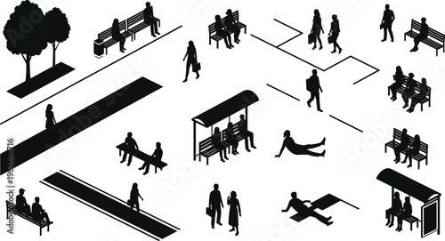 Isometric Urban People Silhouette Set with Public Park Benches, Bus Stops, Pedestrians Walking, and Commuters Waiting for City Planning and Architectural Site Maps