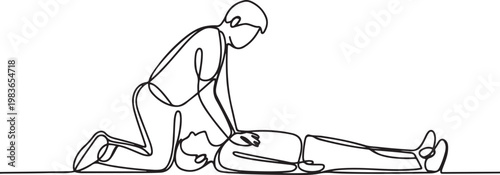 First emergency CPR on a person with a heart attack. CPR cardiac resuscitation of medical personnel. one line Icon drawing