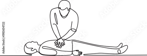 First emergency CPR on a person with a heart attack. CPR cardiac resuscitation of medical personnel. one line Icon drawing