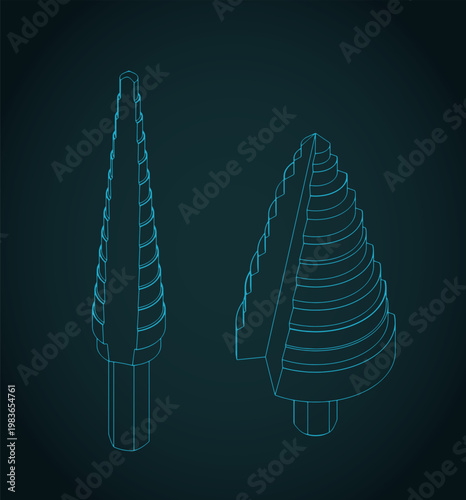 Step drill bits set isometric blueprints illustration