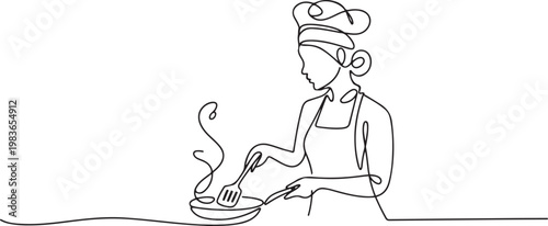 female continuous line cooking. female chef cooking line art. one line Icon drawing