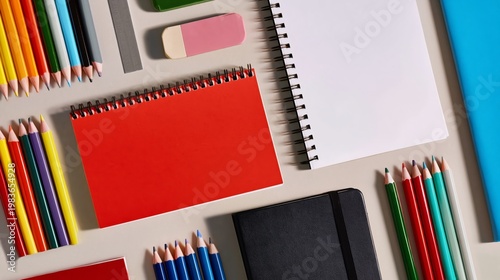 Colorful Pencils and Stationery Arranged on a Light Surface for School or Off...