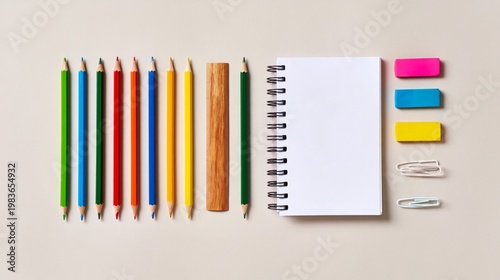 Colorful Pencils and Stationery Arranged on a Light Surface for School or Off...