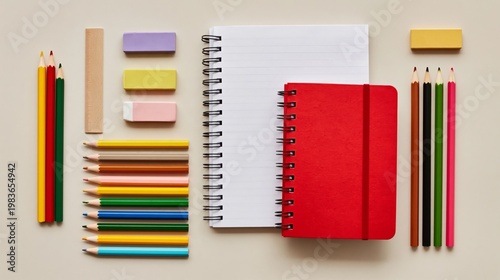 Colorful School Supplies Arranged Neatly on a Table With Notebooks and Pencil...
