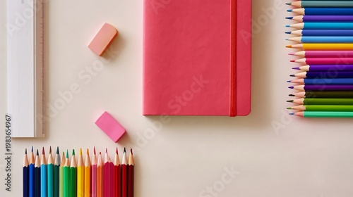 Colorful Pencils and Stationery Arranged on a Light Surface for School or Off...