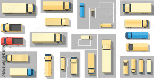 Top View Logistics Cargo Truck Vector Set with Delivery Vans, Semi Trailers, and Freight Transport Vehicles for Warehouse Management, Supply Chain Infographics, and Maps
