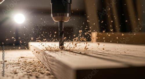 Drilling Wood in Workshop, Flying Wood Chips