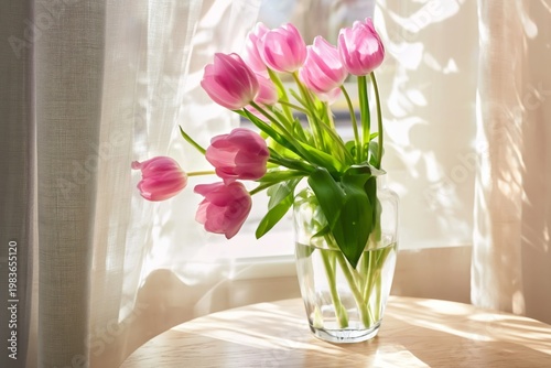 Pink Tulips in Vase on Wooden Table by a Window With Sunlight Shining Through...
