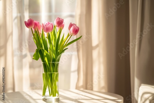 Pink Tulips in Vase on Wooden Table by a Window With Sunlight Shining Through...