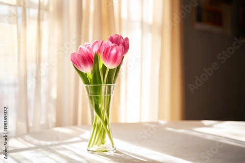 Fresh Tulips in a Clear Vase on a Table Near a Window With Sunlight
