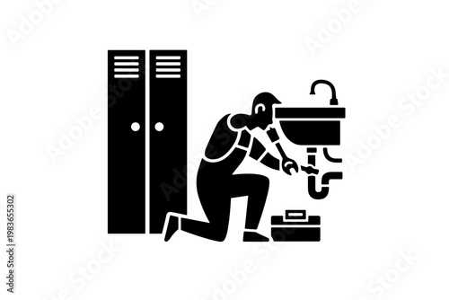 A plumber is repairing a siphon under a kitchen countertop on a light background