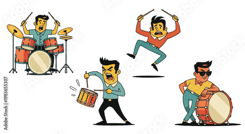 Cartoon illustrations of musicians playing drums in various poses