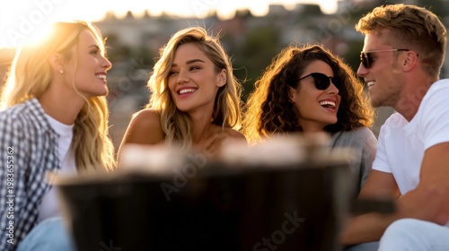 Friends Gather and Enjoy Sunny Afternoon in Urban Setting With Laughter and S...