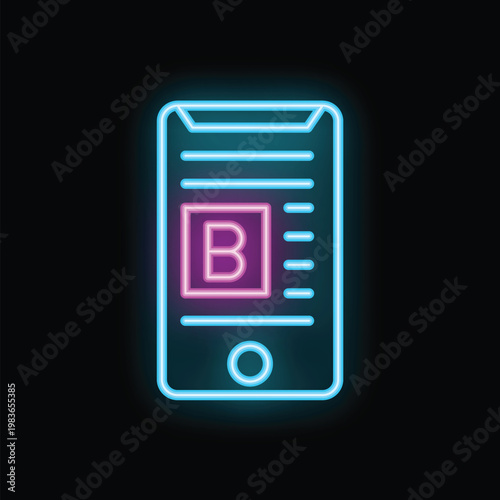 Bright glowing neon smartphone displaying mobile app icon with letter b inside on black background