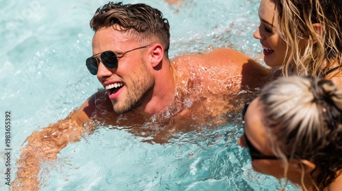 Friends Enjoy Swimming and Laughing Together in a Pool on a Sunny Day at a Le...