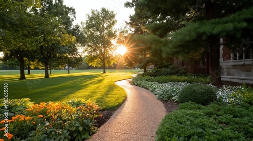 Sunlight Shines Through Trees in a Park With a Winding Path During Evening Hours
