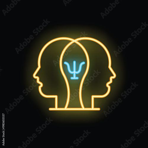 Neon sign illustrating the concept of psychology with two human profiles facing each other and the symbol psi glowing in the middle