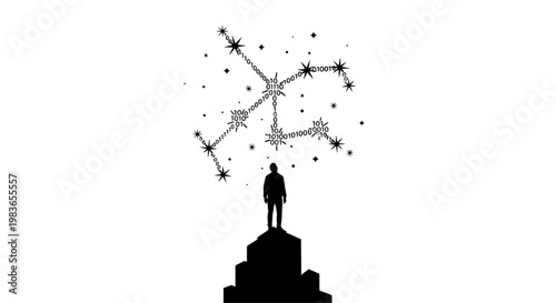 Man standing on a pedestal looking at stars.