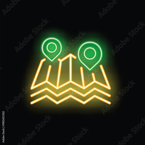 Neon sign illustrating location pins on a map with a black background