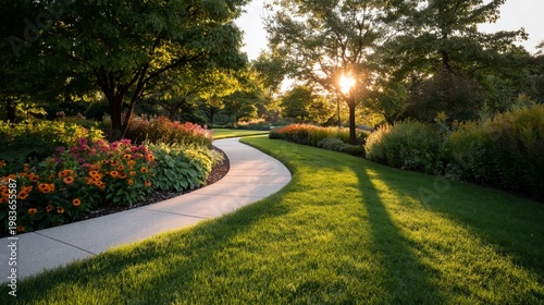 Sunset Light Shines Through Trees Along a Garden Path at a Public Park During...