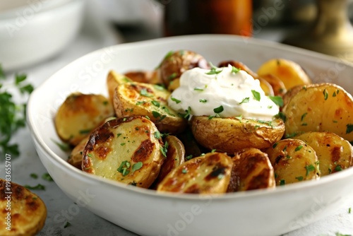 Delicious Baked Potatoes With Sour Cream and Herbs Served in a Bowl at a Casu...