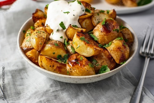 Crispy Roasted Potatoes Topped With Creamy Sauce and Fresh Herbs in a Bowl