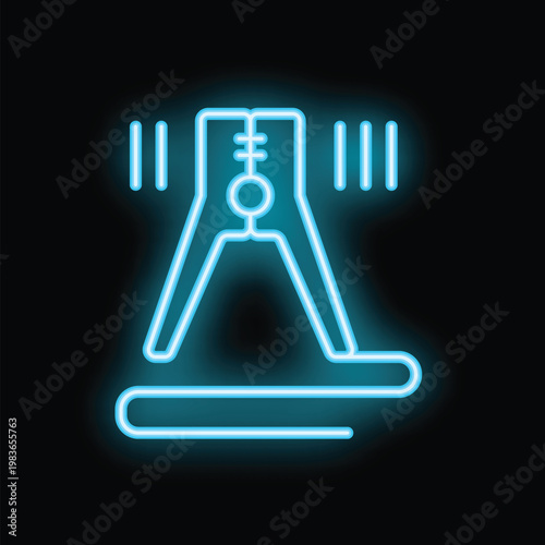Glowing blue neon sign showing a clamp holding a piece of paper on a black background