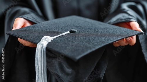 Graduating Student Holding Black Graduation Cap With Tassel in Hands During C...