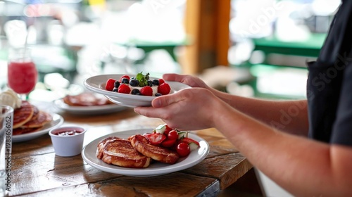 Enjoying Dessert Outdoors at a Dining Table With Fresh Fruit in the Evening S...