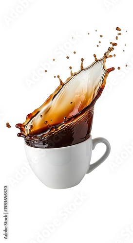 A dynamic splash of dark coffee erupts from a white cup against a stark white background