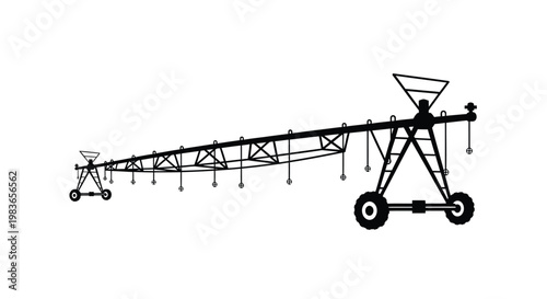 A striking black silhouette of a center pivot irrigation system stretches across a plain showcasing agricultural technology and its linear design silhouette high quality