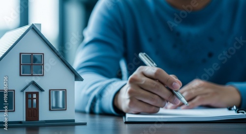 Person signing real estate contract with house model, representing home purchase, property investment, mortgage agreement and financial approval.