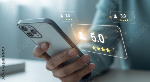 Customer reviewing service on smartphone with five star rating interface representing customer satisfaction, feedback system, online reviews and service evaluation.