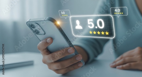 Customer reviewing service on smartphone with five star rating interface representing customer satisfaction, feedback system, online reviews and service evaluation.