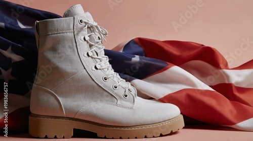White Boots Placed on Top of an American Flag in a Close-Up View During the Day