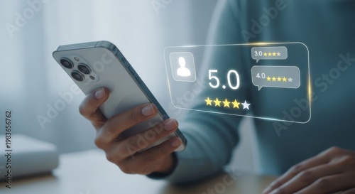 Customer reviewing service on smartphone with five star rating interface representing customer satisfaction, feedback system, online reviews and service evaluation.