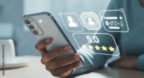 Customer reviewing service on smartphone with five star rating interface representing customer satisfaction, feedback system, online reviews and service evaluation.