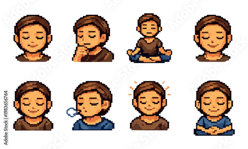 Male pixel avatars showing meditation and breathing expressions