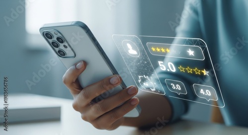 Customer reviewing service on smartphone with five star rating interface representing customer satisfaction, feedback system, online reviews and service evaluation.