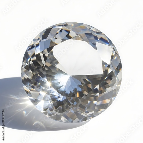 A faceted, spherical, clear crystal reflects light and casts a soft shadow