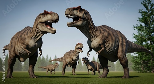 A family of carnivores stands on a grassy clearing with pine trees