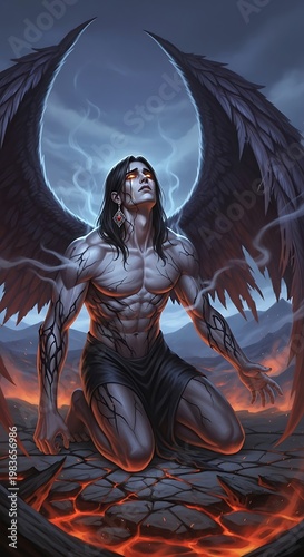 A fallen angel kneels in a volcanic landscape, wings spread, looking skyward